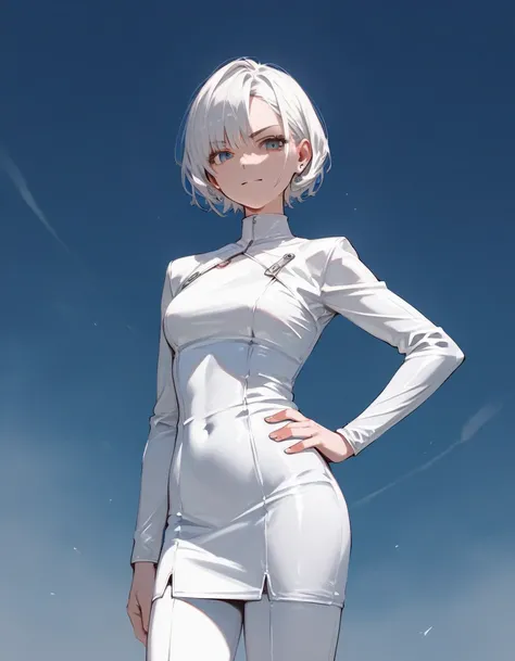 The image shows a corpulent female character, with white hair and a white latex dress, standing with one hand on her hip and the other on her head, displaying a confident posture, anime, anatomically correct, super detail, high quality, 4K