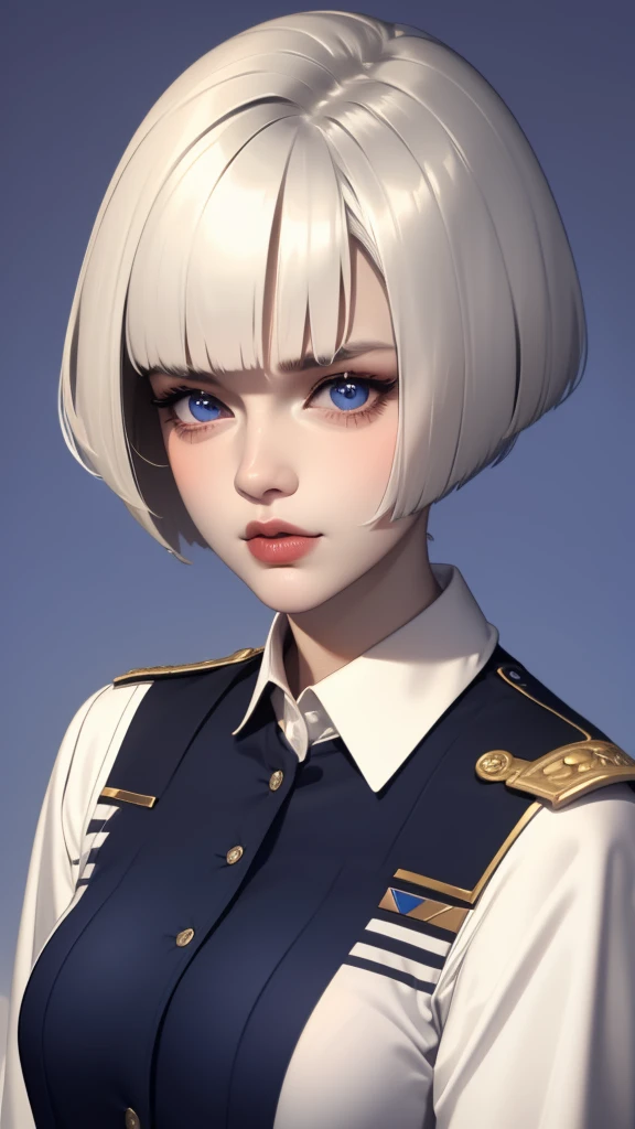 1girl,realistic,short hair,gigantic breast, uniform, long sleeve shirt,extremely detailed eyes and face,longeyelashes,beautiful detailed lips,masterpiece,blue background