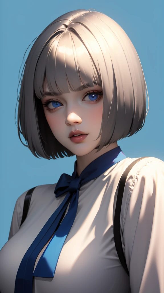 1girl,realistic,short hair,gigantic breast, uniform, long sleeve shirt,extremely detailed eyes and face,longeyelashes,beautiful detailed lips,masterpiece,blue background