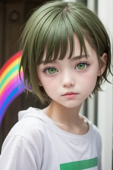 Make a picture of a ,short hair tied white,with green eyes,a rainbow children&#39;s outfit,and a gardener,a cat sock,a sneaker,and do anime style,she is cute,but powerful, do it full body,and anime style 