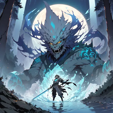 Amid a moonlit night in the dense forest, Giyu Tomioka, the Water Pillar, advances silently, your intense eyes reflecting relentless determination. With his Nichirin sword gleaming in the moonlight, he feels the ominous presence of demons around him. The n...