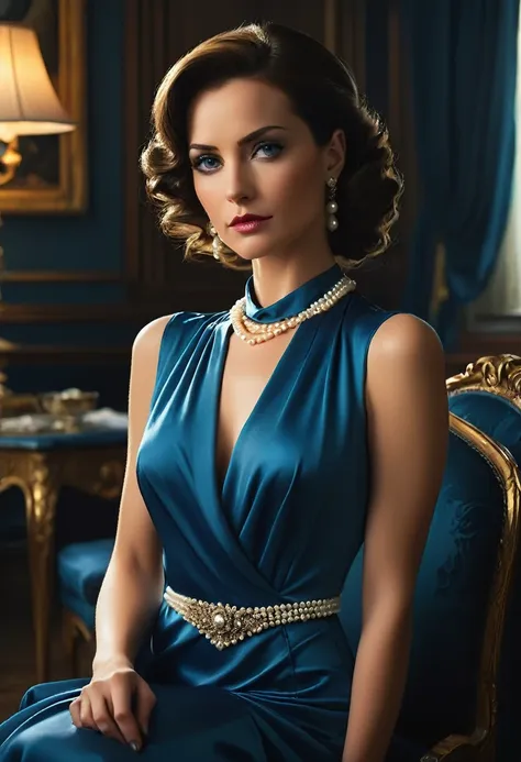 a stunning woman in her late 30s, her elegant beauty,beautiful face, vibrant eyes, dressed as a blue satin dress clings to her s...