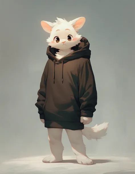 score_9,score_8_up,score_7_up,score_6_up,score_5_up,score_4_up, solo anthro furry, boykisserfur, male, white fur, white ears, neutral, hoodie, full body, shortless, 3 mouth