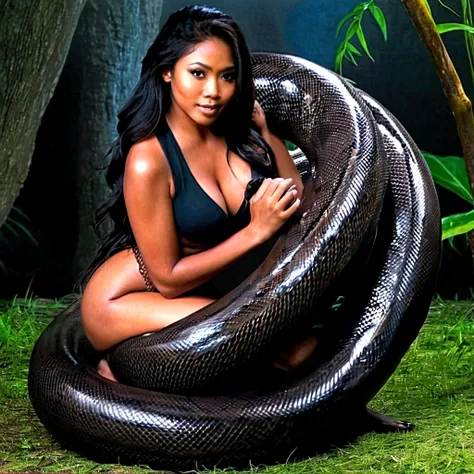  Happy Horny, aroused 1girl), beautiful kneeling Filipino young teen girl  with  giant colossal black titanboa squeezing her hard, wrapped in thick spiraling coils, constricted, struggle, gasping for air, snake attack, snake peril, moonless night, dim ligh...