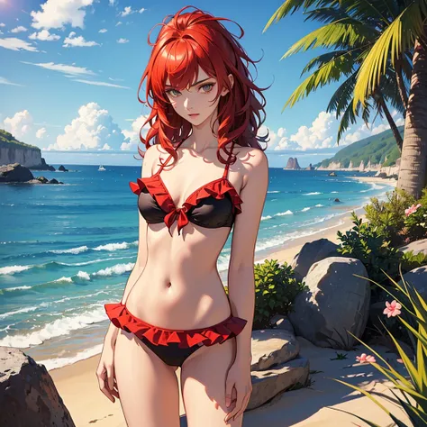 ((best quality)), ((masterpiece)), (detailed),High quality, Ultra detailed, best quality, insanely detailed, beautiful, masterpiece, 
One Girl,16 years old, (slender),student, wild spiky hair,red hair,student,summer,sea side, (frill bikini, cowboy shot)