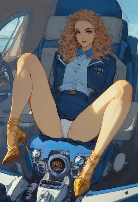 score_9, score_8_up, score_7_up, source_anime, Expressiveh, 1female、stewardess、spread her legs、showing panties、white panties、cabin attendant uniform、tailored jacket、Plain navy blue mini skirt、Golden wavy hair、high heels、dark makeup、Airplane cockpit