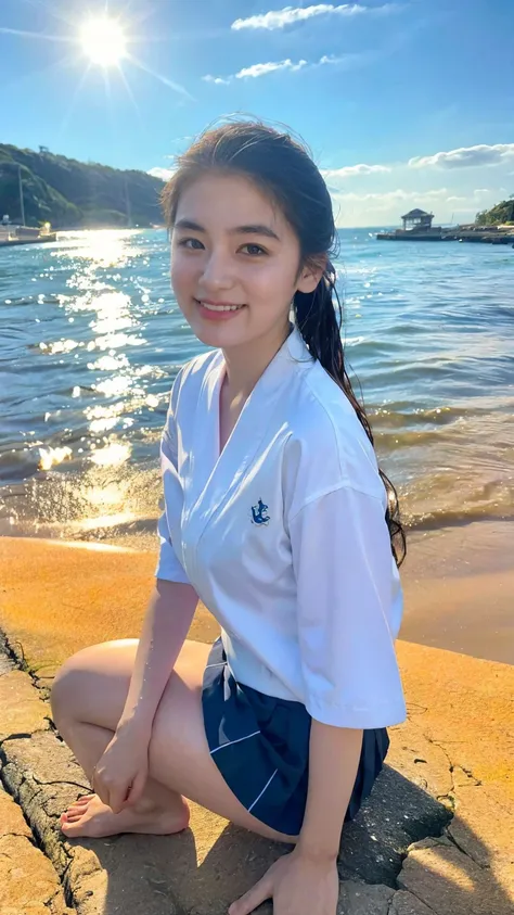 (((sunny day、Japanese 、Beach、A strong wind is blowing、Her hair and skirt are flying、Crouch down, Scooping up seawater and spreading your hands、Traditional navy blue sailor uniform、White blouse、Pleated skirt、Scooping seawater with hands:1.25、splash、Splashin...