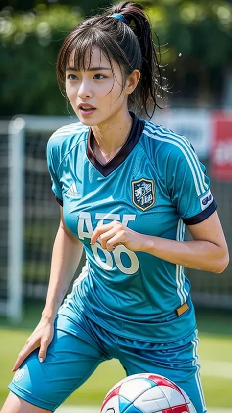 Highest quality, High resolution:1.2, Super detailed, Realistic:1.3, ((Beautiful woman))、Big Breasts、Vibrant colors, play soccer,((blunt bangs))、Has bangs、Wet Hair, Concentration, Splash, Action Shots, Grass blotches, Muddy ground, Wet turf, Decide, Fast-p...