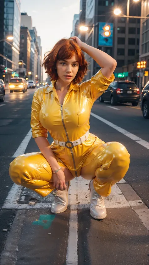 (masterpiece), (best quality), (solo character), (large breasts), (photorealistic:1.4), (chr1sh3n wearing white belt), (apriloneil costume, jumpsuit), (yellow latex jumpsuit), (apriloneil hairstyle), (apriloneil white belt), (apriloneil boots), (aprilonei ...