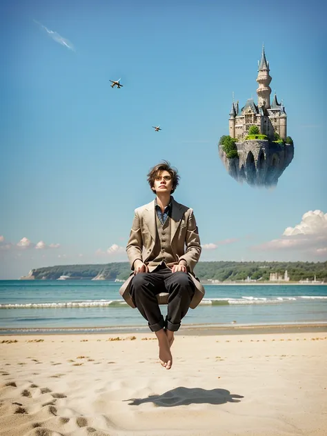 There is a boy sitting on the beach with a castle in the background, castles floating in the air, levitating above the ground, flying castle, rising in the air levitating, levitating, photo manipulation, surreal photo, surreal photography, forced perspecti...