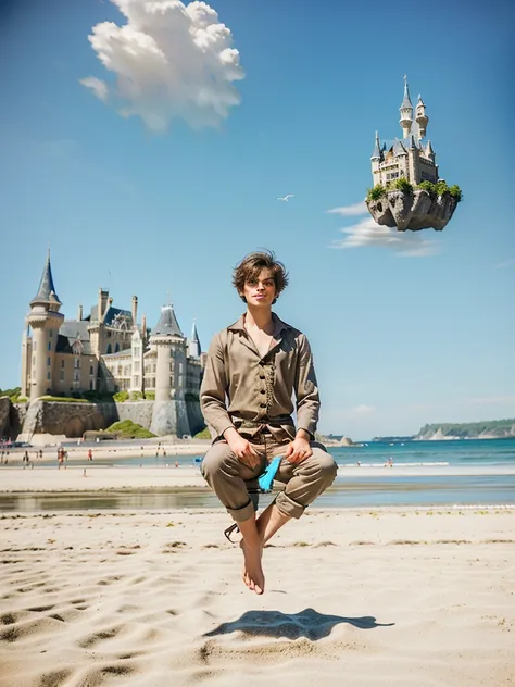 There is a boy sitting on the beach with a castle in the background, castles floating in the air, levitating above the ground, flying castle, rising in the air levitating, levitating, levitation, beach Foto surrealistagraphy, levitating sand, photography a...