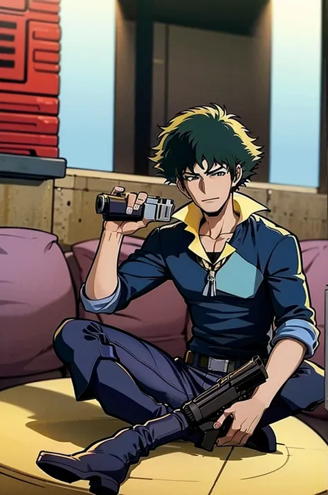 anime character holding a gun in a train car, cowboy bebop anime style, cowboy bebop anime, spike spiegel, cowboy bebop, in the ...