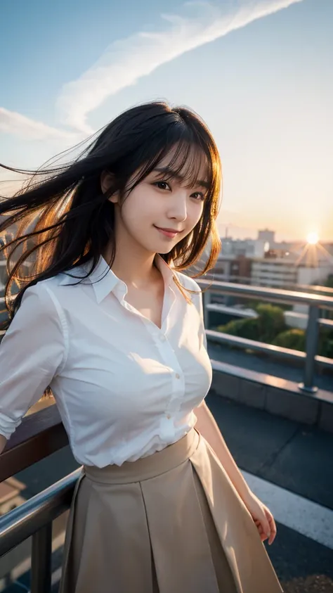 (highest quality,masterpiece:1.3,Ultra-high resolution),(Super detailed,Caustics,8k),(Photorealistic:1.4,RAW shooting),Japanese,23 years old,cute,Are standing,(Smiling and looking at the camera),Black Hair Middle Hair,Big Breasts,White blouse,Knee-length s...