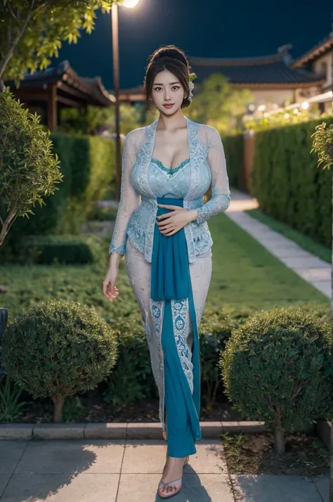 8k, best quality, Medium close-up, (blue kebaya )、(luxury kebaya ), (short kebaya), (top-quality,​masterpiece:1.3,超A high resolution,),(ultra-detailliert,Caustics),(Photorealsitic:1.4,RAW shooting,)Ultra-realistic capture,A highly detailed,high-definition1...