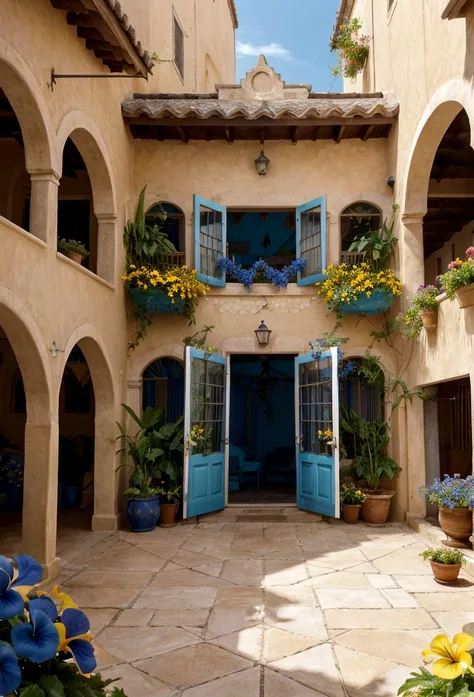 A breathtaking cinematic photo of a vibrant and joyful courtyard filled with life. The walls are adorned with thriving hibiscus flowers, entwined with blue morning glories, creating a stunning floral tapestry. The courtyard is further enhanced by potted ye...