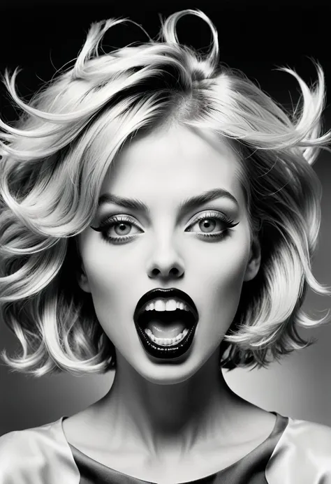 A striking black and white photograph capturing a surrealistic and pop art-inspired concept. The image features an open mouth with exposed teeth, while the rest of the face, including the eyes, hair, arms, and shoulders, are creatively integrated into the ...