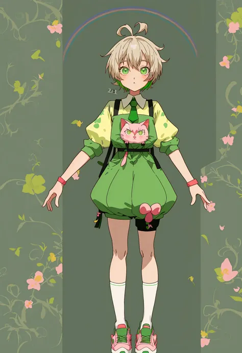 Make a ,short hair tied white,with green eyes,a rainbow children&#39;s outfit,and a gardener,a cat sock,a sneaker,and do anime style,she is cute,but powerful, do it full body (((be 2d anime version))) (((and higher quality)))