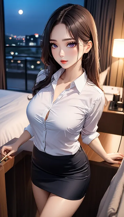 (((masterpiece))),(((High resolution)))、(((8K quality)))、(((perfect face)))、(((Korean beauty))), 30 years old, (((business shirt, mini pencil skirt))), look at the camera, ((high resolution face)), ((top quality eyes)), at the night hotel,  Married woman, ...