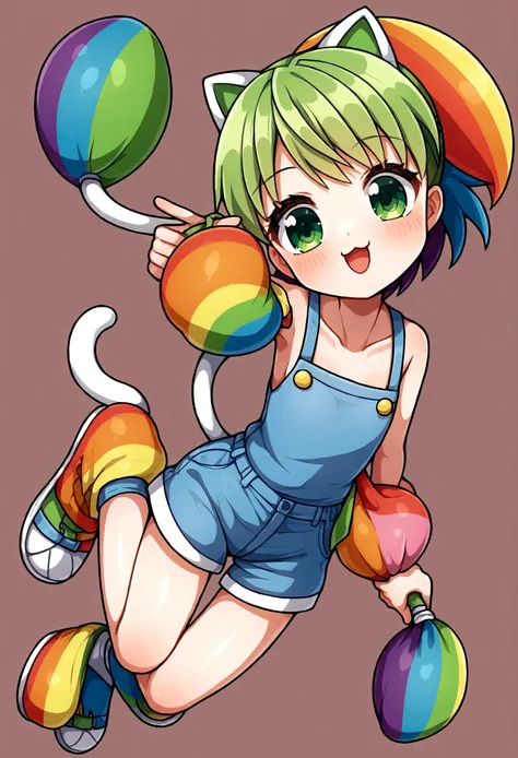 Make a ,short hair tied white,with green eyes,a rainbow children&#39;s outfit,and a gardener,a cat sock,a sneaker,and do anime style,she is cute,but powerful, do it full body (((be 2d anime version))) (((and higher quality)))