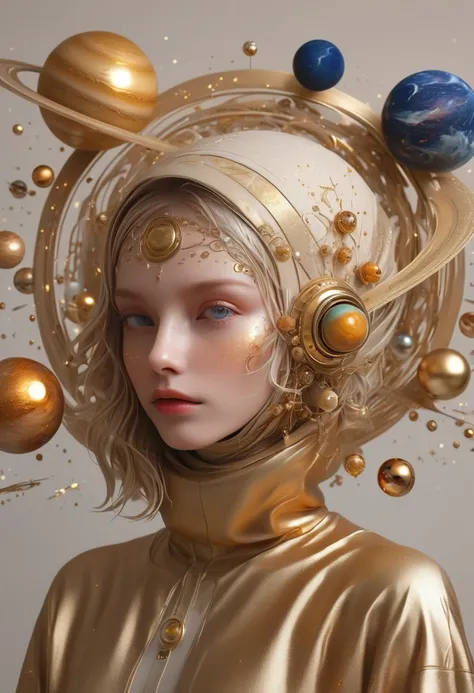 a highly detailed and intricate 3D portrait of a person, golden color, surrounded by many orbiting planets with complex planetary decorations, studio lighting, white background，Simple and clean，Light and Shadow，