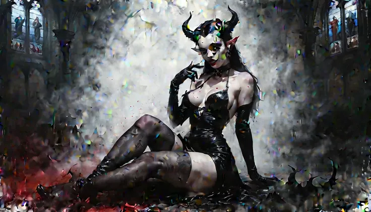 a painting of a holy succubus with horns, spread legs, hand to mouth, gloves, gothic dress, vampire the masquerade bloodlines, incredible art, gloomy background, nimbus, church ragged vestments, darksketch