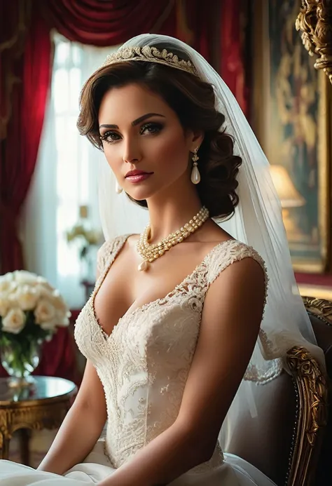 a stunning woman in her late 30s, her elegant beauty,beautiful face, vibrant eyes, dressed in white wedding dress clings to her ...