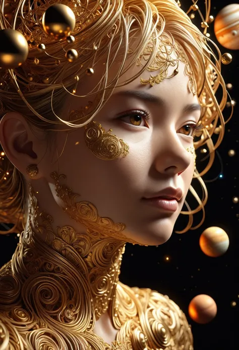 a highly detailed and intricate 3d portrait of a person, golden color, surrounded by many orbiting planets with complex planetar...