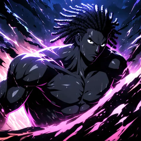 Male, black skin, muscular and defined body, colorful dreadlocks, black eyes, black overcoat, serious villainous expression, "One Piece-inspired anime features, drenched in dramatic and incredible lighting, dramatic lighting, infused with creative details,...