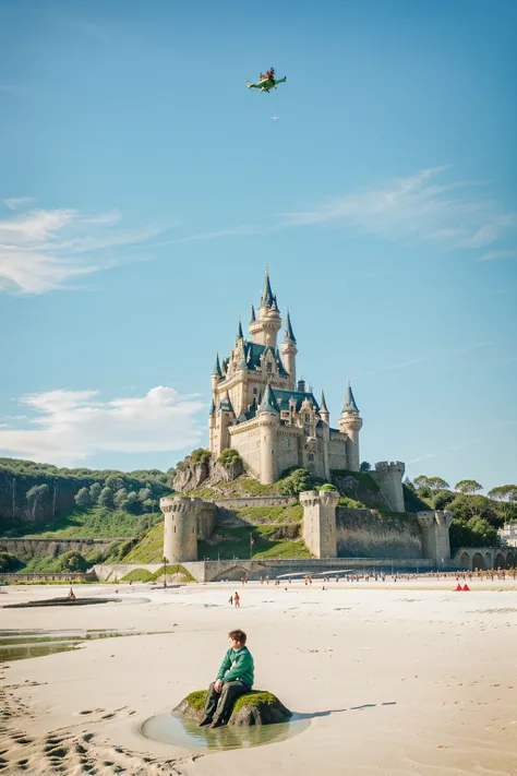 There is a boy sitting on the beach with a castle in the background, castles floating in the air, levitando above the ground, aquatic green monster and red monster