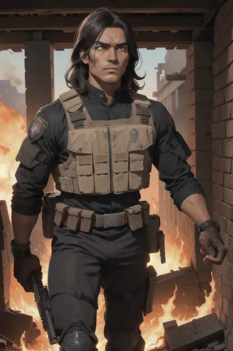 young woman, mexican, BROWN SKIN, Brown eyes, long black hair, wears a full military uniform, bulletproof vest, equipment and rifle, walk through the ruins of what was once a building, there is a lot of fire, walk through the flames, has an angry expressio...