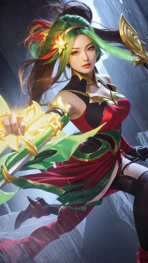 a beautiful woman in a red dress holding a green and yellow sword, irelia