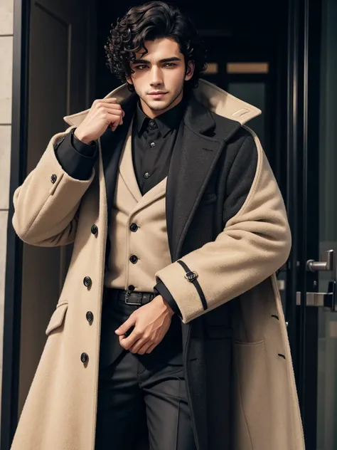 A handsome boy in a coat with black curly hair.