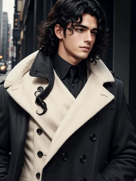 A handsome boy in a coat with black curly hair.