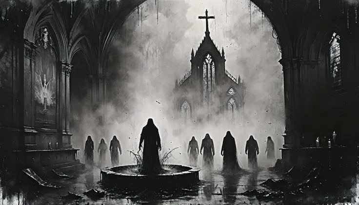 a painting of a fountain with corpses, vampire the masquerade bloodlines, incredible art, gloomy background, nimbus, church ragged vestments, darksketch