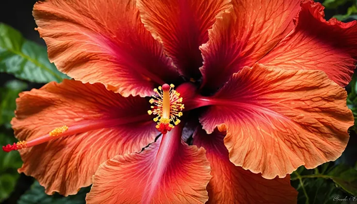 A stunning close-up photograph of a vibrant red hibiscus, also known as a papa flower, in full bloom. The intricately detailed petals display a rich color palette, with a warm golden center that gleams and radiates light. The background is skillfully blurr...