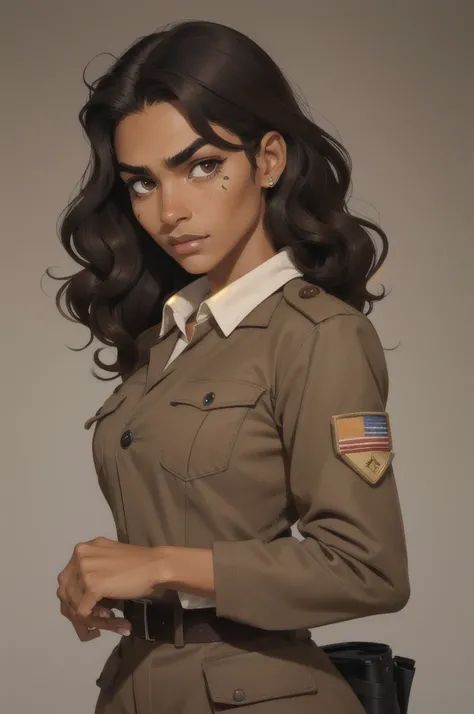 Brown skinned girl, coffee brown eyes, long, subtly wavy black hair, eyebrow scar, Retro, wear a well-equipped military uniform, He has a serious expression. 