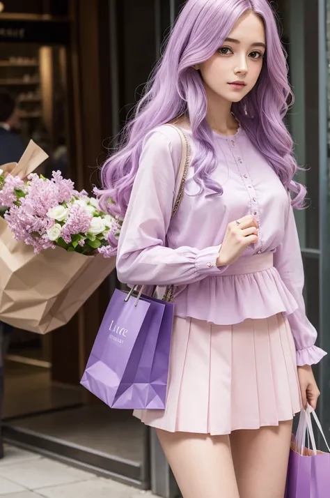 Wavy lilac hair, with shopping bags in hand, long hair, with a pink skirt and a lilac blouse