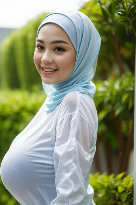 Chubby adorable, 1 girl, (face to face), 10 years old, baby face, happy, half body portrait, (face details: 1), (eye details: 1), ((big breasts)). wearing transparent transparency soft soft long shirt, hijab, .. Cute posed. proportional body. Ultra High Re...