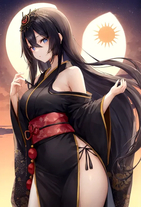 a young girl in Japanese .  with long black silky straight hair. beautiful dark blue eyes. on the right eye a large SUN tattoo. 