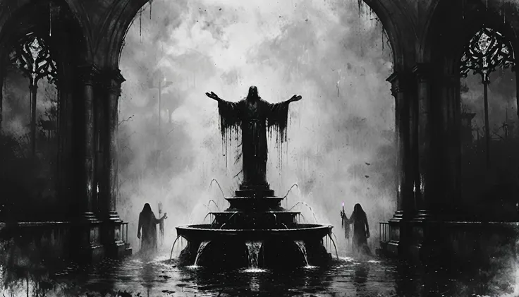 a painting of a ((fountain with corpses)), vampire the masquerade bloodlines, incredible art, gloomy background, nimbus, church ragged vestments, darksketch