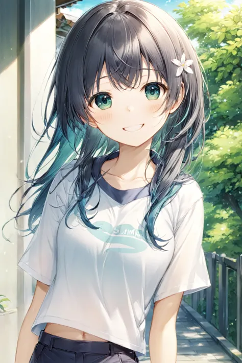 Saten Ruiko,Ｔshirt,pants,Upper Body,smile,outside,summer,