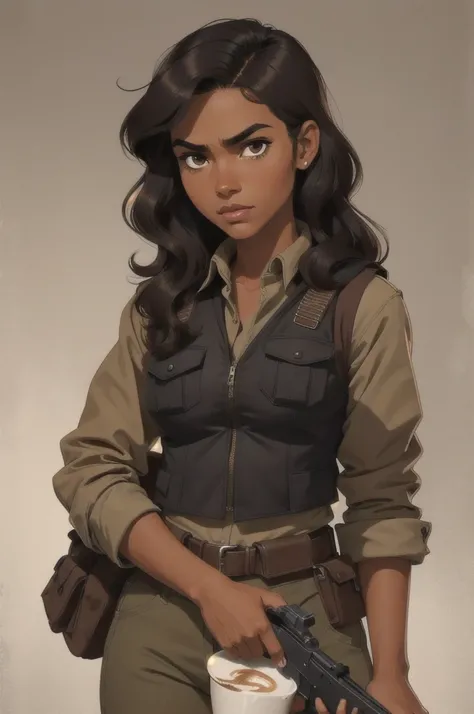 Brown skinned girl, coffee brown eyes, long, subtly wavy black hair, Retro, wear a well-equipped military uniform, with antibas vest and gun, He has a serious expression. 