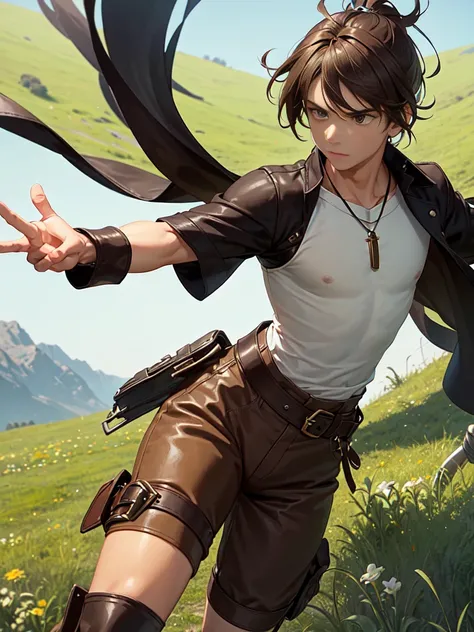 A 14-year-old anime girl with dark brown hair in a high ponytail, light brown eyes, and light, tanned skin. He wears a white shirt with a brown vest, brown shorts, and knee-high leather boots. He wears a leather belt with a dagger on his hip and a necklace...