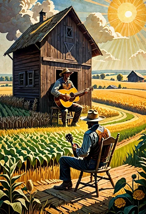 a farmer playing the guitar sitting on a wooden chair and behind his cabin and a barn on the horizon, in a field with crops, on a sunny morning , dark fantasy paper style from the 70s, with intense German-style romantic painting. Shadows and spectacular li...