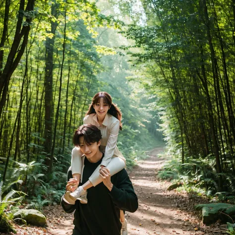 Jungkook carrying Jennie in a forest