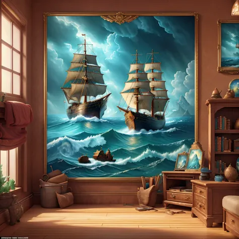 8K, UHD, HDR, intricate details, photograph, realistic, highly detailed,

An oil painting depicting a ship on a turbulent ocean. Water pours from the painting into the room and onto the floor.

Fantasy style. Fantasy dreamlike art. Surreal Harmony. 

