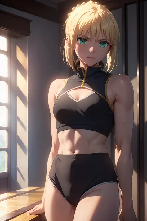 (Highest quality:1.5, High resolution, uhd, 4K, Detailed lighting, Shaders), 　(artoria pendragon), solo short hair short hair,ponytail　Green Eyes　Cool face　　((Racing Bloomers　Track and field uniform))++　Sports bra with a small area　Realistic sun rays　 Swea...