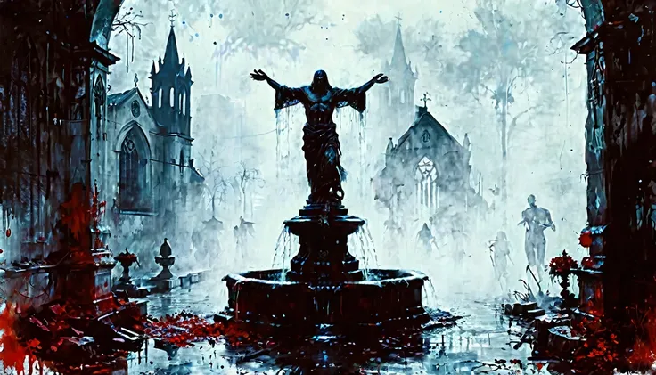 a painting of a ((fountain with corpses)), dead bodies, vampire the masquerade bloodlines, incredible art, gloomy background, nimbus, church ragged vestments, darksketch