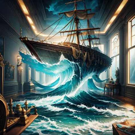 8K, UHD, HDR, intricate details, photograph, realistic, highly detailed,

An oil painting depicting a ship on a turbulent ocean. Water pours from the painting into the room and onto the floor.

Fantasy style. Fantasy dreamlike art. Surreal Harmony. 

