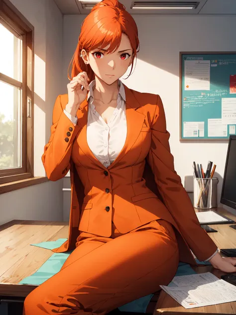 Realistic-style image with razor-sharp 4K quality and vibrant colors. | An elegant and beautiful looking mature woman is standing in her office, wearing tight-fitting dress pants, a simple white t-shirt and a bright orange blazer. Her red hair is neatly pu...